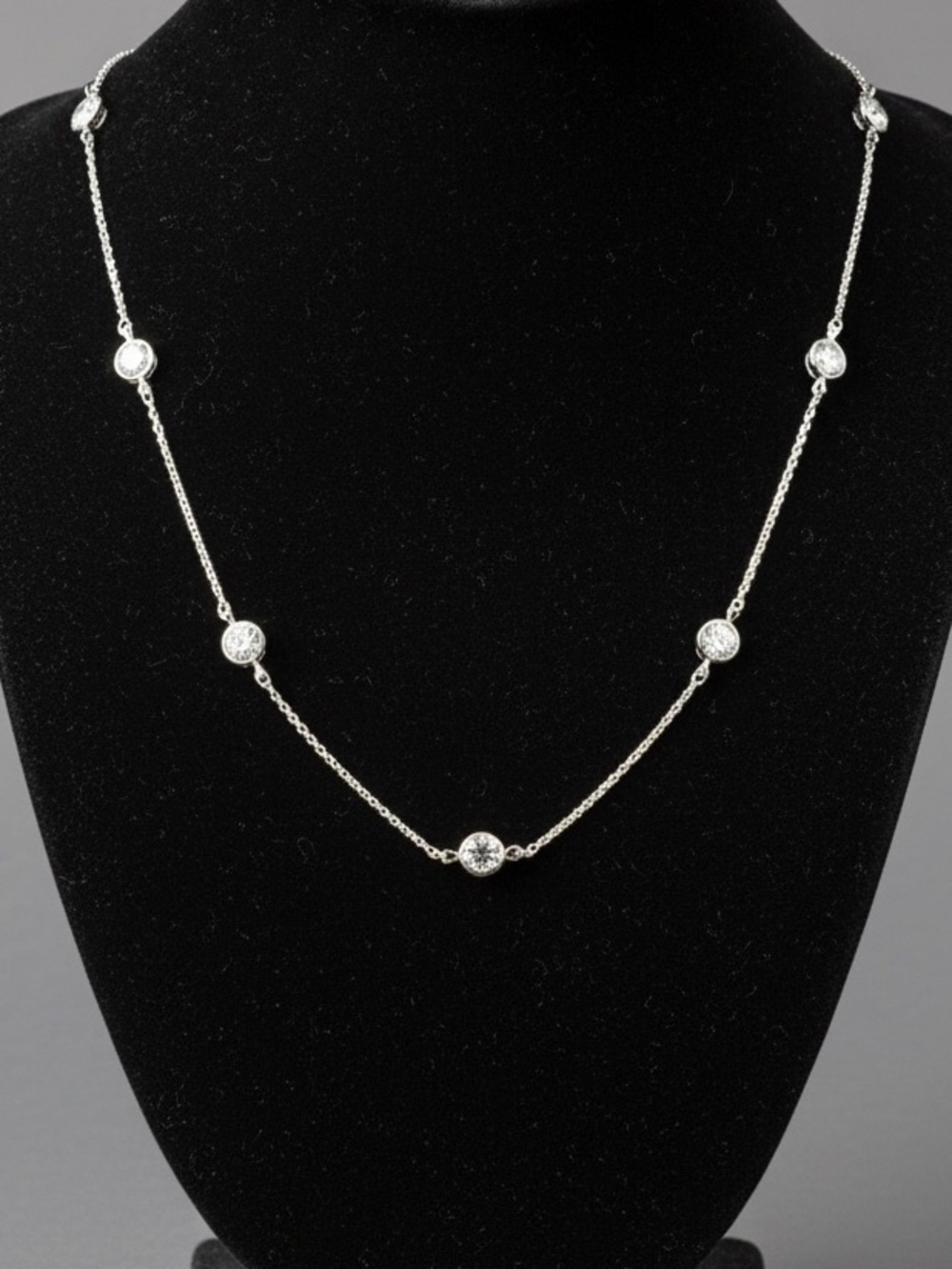 Solid 925 Sterling Silver CZ By The Yard Necklace 16in 7 Bezel Stations 4.5ctw - Picture 1 of 9